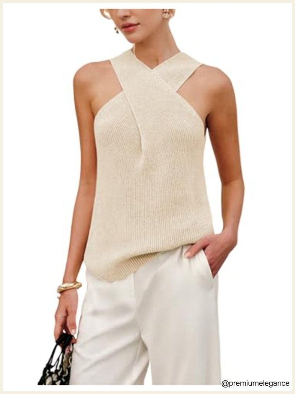 Women's Halter Cross Neck Knit Tank Top Sleeveless Ribbed Cami
